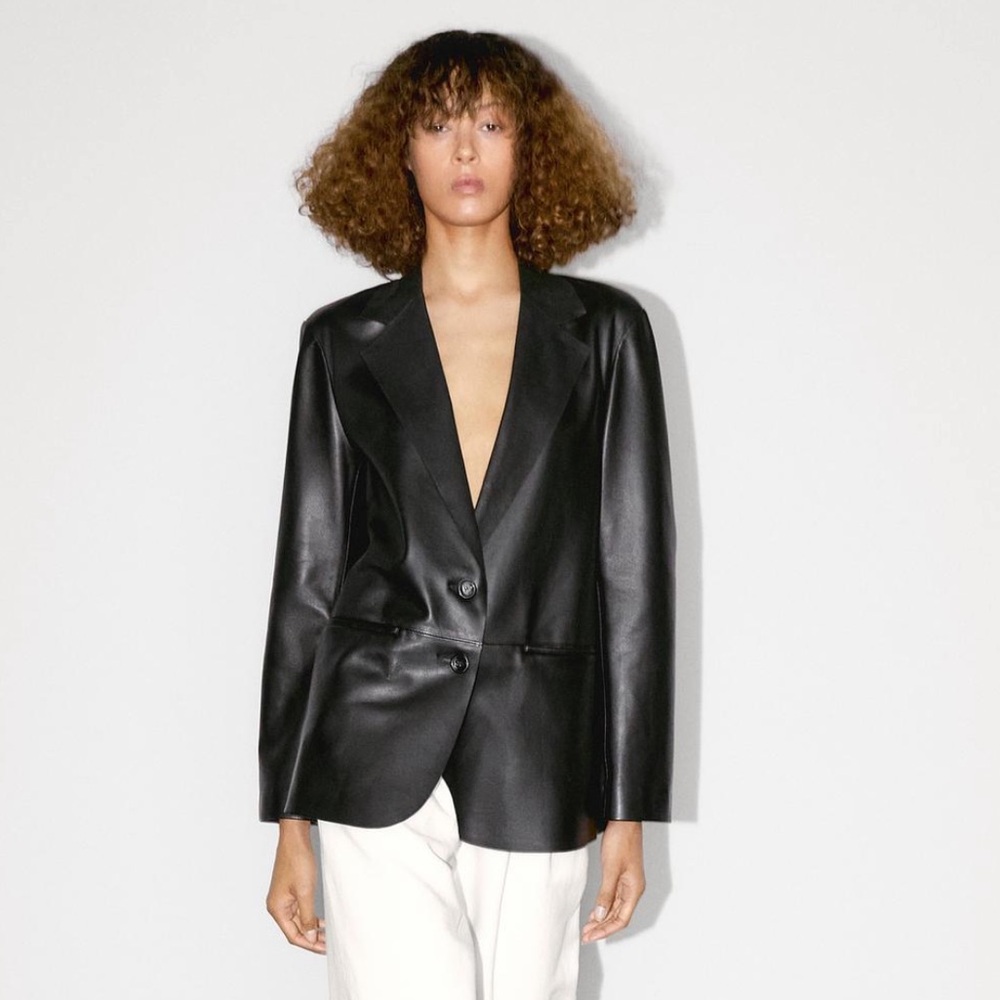 NWT Uterque Black limited massimo dutti flowing nappa leather Blazer jacket L